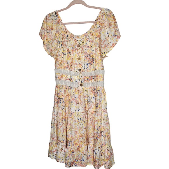 Japna Dresses & Skirts - Japna Womens Large Watercolor Pastel Floral Button-Up Smocked Back Waist Dress